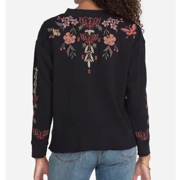 Johnny Was Taline M Floral Heavily Embroidered Thermal Black Cotton Henley Top - Picture 5 of 16